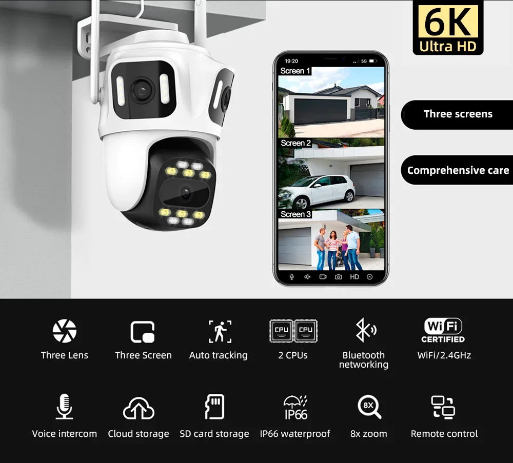 Caméra De Surveillance Extérieure PTZ Triple Objectif Wi-Fi