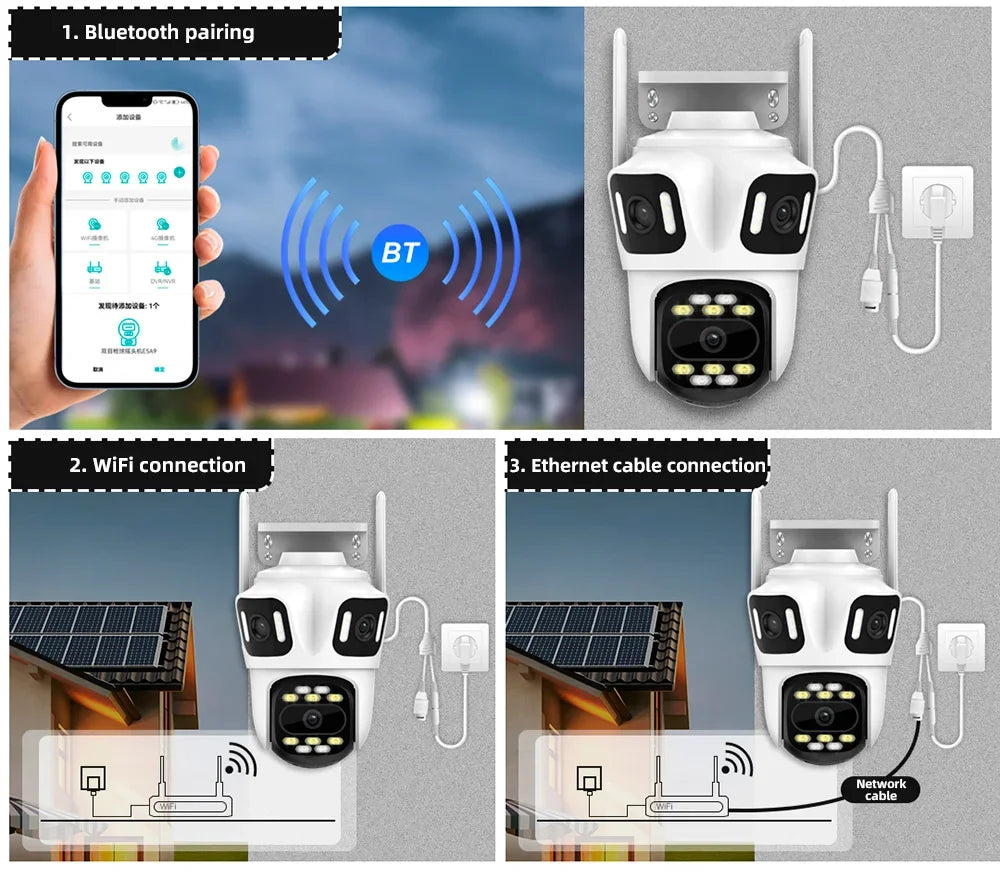 Caméra De Surveillance Extérieure PTZ Triple Objectif Wi-Fi